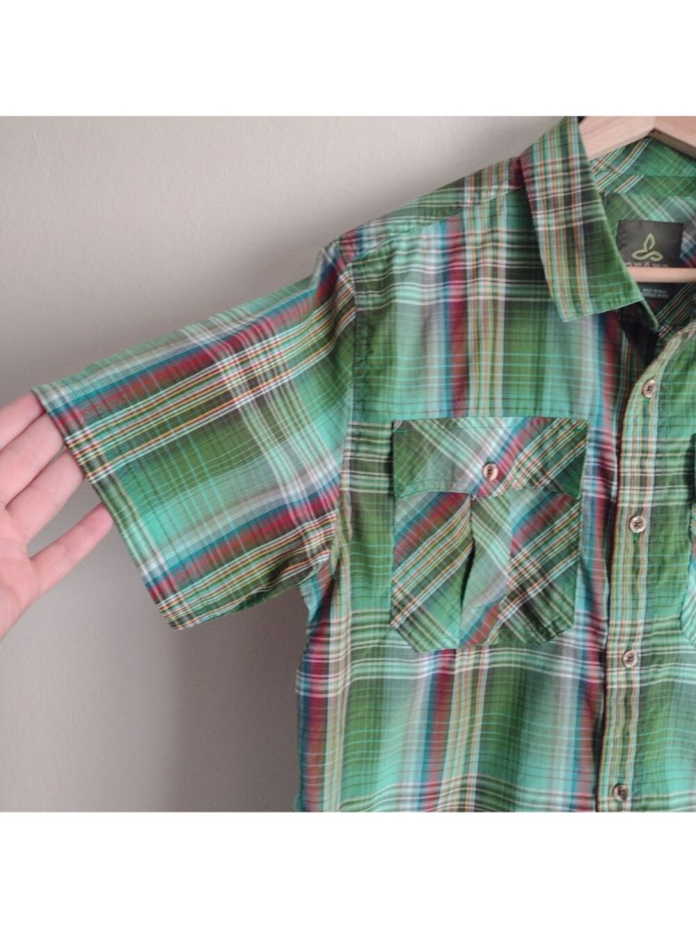 Prana Mens Green Plaid Shirt M Athletic Fit Organic Cotton Blend Duo Pocket - Picture 5 of 10